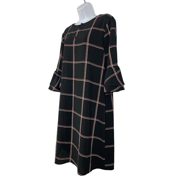 Ces Femme Womens Black & Pink Plaid Bell Sleeve Relaxed Fit Shift Dress Large - Picture 4 of 11